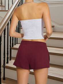 Pantalones cortos de yoga casuales de verano para mujer, color liso, cintura elástica, estilo jogger holgado. - Rojo - Ver 5