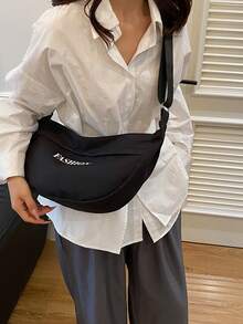 1 stuk gewatteerde, effen canvas tas met ritssluiting in de vorm van een halve maan, nieuwe collectie grote canvas tas met knoedels, minimalistische schoudertas met geborduurde letters, geschikt voor studenten, campus, reizen, woon-werkverkeer, casual, koppels, tarwedecoratie, ideaal voor dagelijks gebruik - Zwart - Bekijken 3