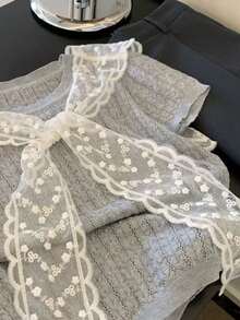 2 Pieces Lace Cape Short Sleeve Form-Fitted Collegiate Style Casual Wear Set, For Summer - Grey - View 4