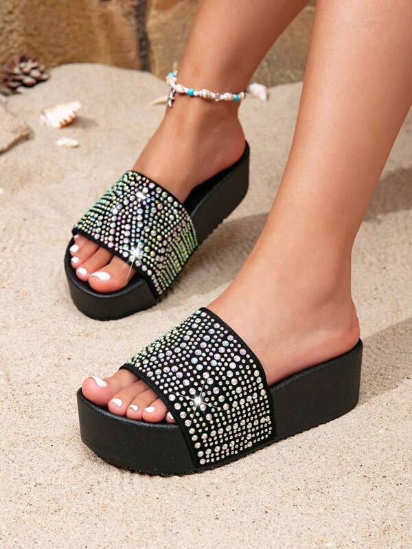 صندل نسائي أنيق برباط الراين وسِمك في الأساس، صنادل بلاتفورم فخمة للشاطئ والحفلات في الصيف