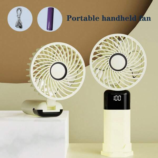 Ventilador portátil y pequeño, ventilador recargable por USB con batería integrada de 800mAh, pantalla digital de 6 velocidades, ventilador para maquillaje de mujer con base, ventilador plegable de 180°, adecuado para uso en exteriores, interiores, campamentos y viajes