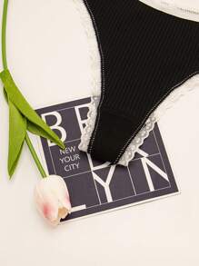 5 pezzi Perizoma sexy da donna in pizzo con fiocco, texture nera carino