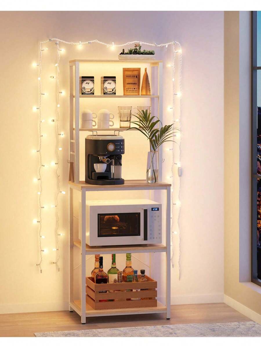 Kitchen Storage Rack, Coffee Bar, Baker's Rack, Total 6 Shelves And 6 Hooks, For Microwave, Steel Frame, Industrial, Oak Colour And White - Yellow - View 1