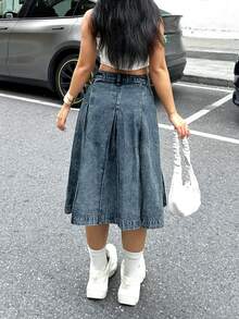 Minifalda de tela vaquera plisada de estilo vintage para mujeres - Azul lavado retro - Ver 7