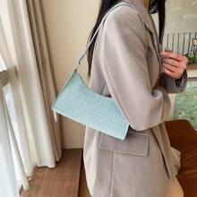 Solid Color Embossed Geometric Zipper Shoulder Bag For Women - Fashion Retro Style Casual Waterproof Handbag Suitable For Office, Work, Business, Commute - Blue - View 5