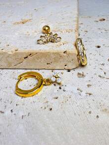 3 件不锈钢耳垂耳环，14K 镀金闪亮 CZ 耳环套装，白色锆石花朵风格耳钉，适合女士女孩情人节、妈妈、母亲、母亲节、礼物 - 金色 - 查看 11