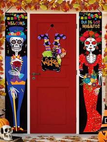 1 Pieza Bandera Mexicana del Día de los Muertos, Diseño de flores festivas y calaveras de azúcar, Pancarta de fondo para decoraciones del Día de los Muertos, Adecuado para decoraciones de fiesta interior/exterior, Opciones versátiles de colgado para porche, puerta, patio interior - Multicolor - Ver 5