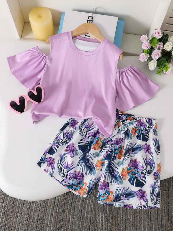 2pcs Tween Girls' Fashion Off-Shoulder T-Shirt And Bow Decor Floral Shorts Set, Summer Clothes