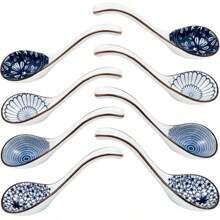 4 pezzi Cucchiai in ceramica asiatici, con manico lungo, facile da impugnare, fondo antiscivolo, adatti per tagliatelle lamian giapponesi, wontons cinesi e vietnamiti, cucchiai per pasta