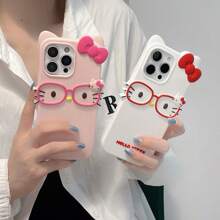 Sanrio Nuova custodia per telefono in silicone con occhiali 3D a forma di orecchie di gatto e cartone animato, compatibile con Apple 14/13/11/12/15/16 PROMAX, antiurto, adatta per 11 Pro/12 Pro/14 PROMAX/13 PROMAX