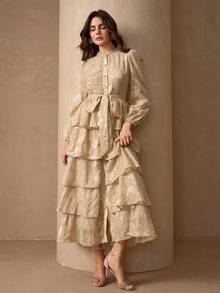 Elegant Embroidered Fabric Full-Button Front Multi-Layer Luxurious Princess Dress For Women - Khaki - View 5