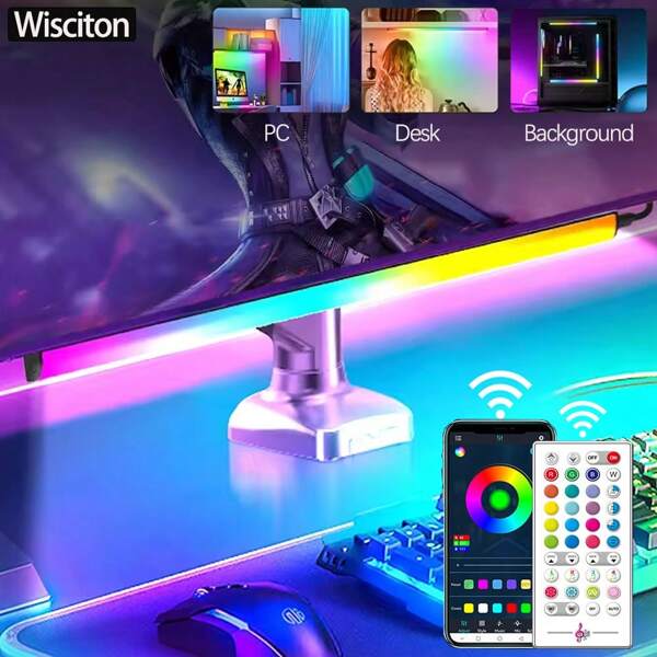 Wisciton Barra luminosa intelligente per monitor del computer, RGB LED con controllo Bluetooth, lampada che reagisce al ritmo della musica, decorazione per giochi, TV e scrivania