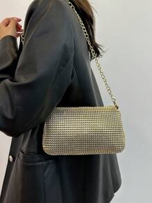 Bolsa de ombro com alça de corrente decorada com strass, bolsa clutch de noite com zíper, bolsa de axila de alta qualidade