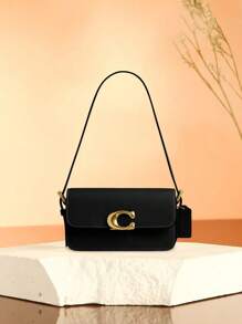 Coach Bolso de hombro de piel auténtica para mujer, tipo cartera, color negro, con cierre magnético.