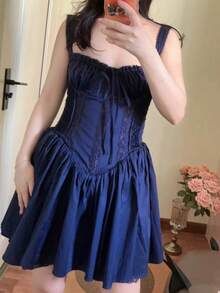 Women Y2k Summer Lace Trim Mini Dress Sleeveless Square Neck Tie-Up Front Short Tank Dress Casual Flowy A-Line Corset Dress Graduation Party Dresses Clubwear White - 藍色 - 查看 3