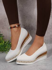 女式 5 厘米坡跟休闲办公室通勤一脚蹬尖头白色亚麻乐福鞋