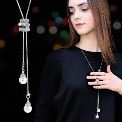 1 Pc Elegant European Style Rhinestone & Pearl Pendant Snake Bone Chain Necklace Accessory