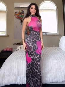 Sexy Hot Girl Halter Neck Strap Waist Leopard Print Suspender Skirt