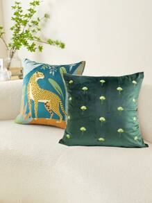 1pc Leopard Floral Embroidery Throw Pillow Cover, Suitable For Living Room, Bedroom, Party, Home Decor, All Season
