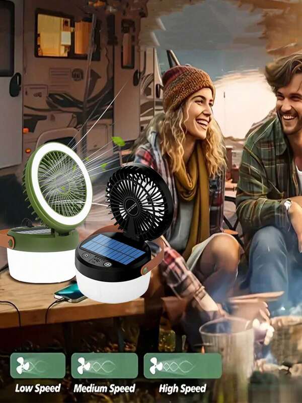 1 peça/conjunto de luz solar para acampamento ao ar livre com ventilador, iluminação externa de 3000 mAh, carregamento USB para telefone, ventilador de 3 velocidades e 4 modos de luz, lanterna SOS, dobrável para acampamento, pesca, uso interno/externo, estilo simples em verde militar/preto