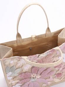 1个多色亮片网纱拼接亚麻手提包，时尚花叶刺绣图案大容量单肩包，女士休闲度假沙滩购物手提包（花色随机分布），闪亮亮片包，女士优雅款，粉色 - 淺粉色 - 查看 10