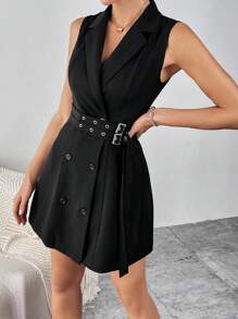 Conjunto de Vestido Formal Elegante Feminino com Cintura Ajustada e Cruzado, sem Mangas