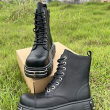 Retro Combat Boots For Women And Men Thick Sole With Zipper Soft Leather Metal Decoration Punk Style Unisex Ankle Boots - 黑色 - 查看 9