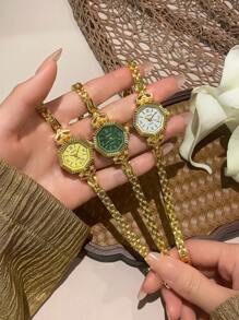 1 Stück französische goldene Retro-Polygon Damenuhr, exquisit elegante modische Quarzuhr für Frauen, geeignet für den täglichen Gebrauch, Partys und Urlaub, um Ihr Handgelenk mit drei farbigen Zifferblättern/Gold/Weiß/Grün zu dekorieren