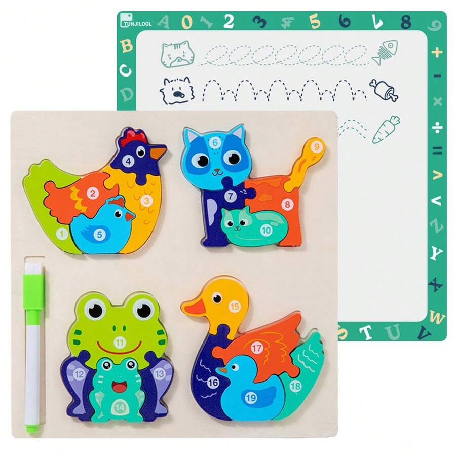 Educational Wooden Puzzle Toys 2 Ways To Play: The Front Is An Animal-Themed Puzzle, And The Back Is A Reproducible Writing Tablet Handwriting Board Wooden Puzzle Toy Christmas Halloween Gifts - 雞貓蛙鴨 - 查看 1