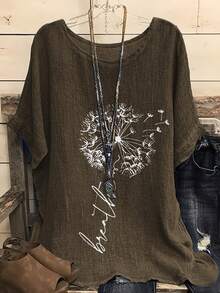 休闲度假风梭织纹理圆领蒲公英印花宽松短袖女式衬衫，春夏款