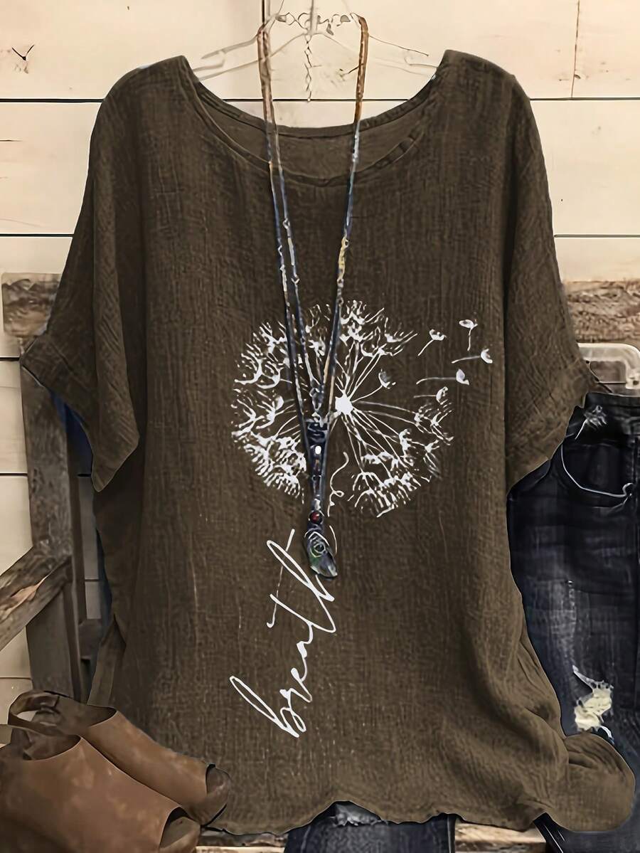 休闲度假风梭织纹理圆领蒲公英印花宽松短袖女式衬衫，春夏款