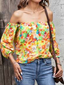 Blusa de verano con estampado floral 3D y hombros descubiertos ajustable para mujer: cómoda e informal, imprescindible para primavera y verano - Naranja Quemada - Ver 3