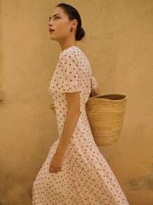 Vestido Longo Maxi Feminino de Verão com Estampa Floral e Poá, Decote em V, Ajustado, Tecido Tecido 120G, Estilo Romântico, Qualidade Premium, Vibes de Deusa