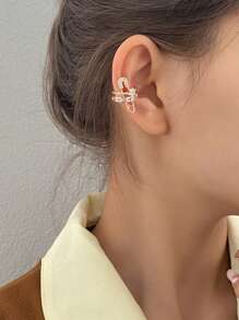 1 pieza Pendientes de clip de metal de color dorado con doble capa y decoración de rhinestones para mujer, adecuado para citas, reuniones, fiestas, bailes y accesorios diarios de vestir