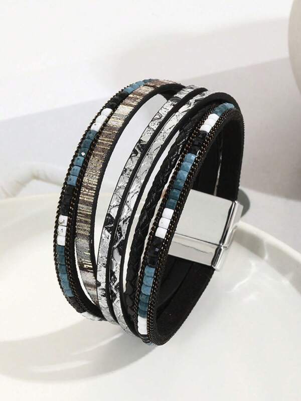 1 pieza Pulsera de PU de estilo europeo y americano multicapa con hebilla magnética negra, de moda para el trabajo y el transporte