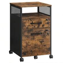 Filing Cabinet Office File Cabinet With 2 Lockable Drawers, Wheels, Open Shelf For Hanging Files, Steel Frame, Industrial Style, Rustic Brown And Ink Black - Rust Brown - View 4