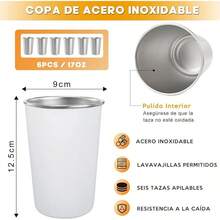 Vasos térmicos apilables para frío y caliente, set de 6 vasos de acero inoxidable de 500 ml, duraderos y ecológicos, ideal para hogar, restaurante, viajes y camping (plata). - blanco - Ver 8