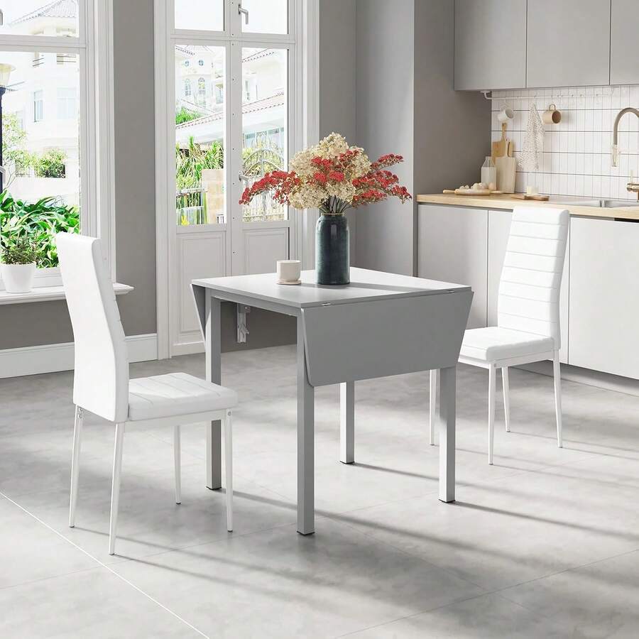 Dining Table And Chairs Set Of 2, Drop Leaf Grey Folding Kitchen Table With White PU Leather High Back White Chairs For Dining Room, Kitchen