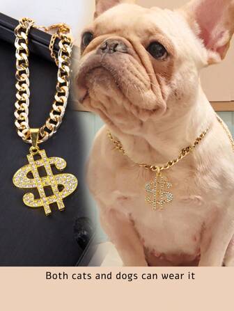 1 件升级版中号美元符号吊坠，镶有水钻，闪亮金链，适合宠物（猫和狗），合金，闪亮，牢不可破，嘻哈，街头，复古，朋克风格