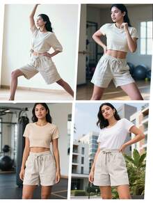 Shorts casuales de verano para mujeres, con bolsillos y cordón, Bermuda shorts de lino y shorts básicos de lino de unicolor sueltos de longitud hasta la rodilla,Ropa de ocio de moda - Caqui - Ver 11