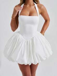Women's Y2K Halter Corset Mini Dress Backless Corset Bubble Ruched Waist Club Party Dresses - trắng - Xem 2