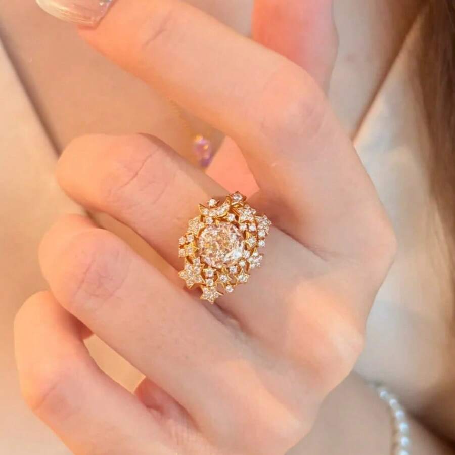 1 件女士优雅可调节戒指，18K 镀金方晶锆石星形设计 - 金色 - 查看 1