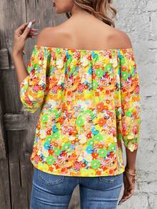 Blusa de verano con estampado floral 3D y hombros descubiertos ajustable para mujer: cómoda e informal, imprescindible para primavera y verano - Naranja Quemada - Ver 2