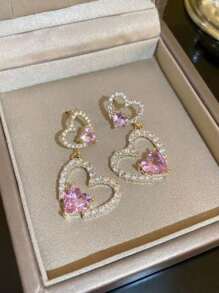 1 Pair French Pink Hollow Heart Dangle Earrings, Elegant Lady Style, Charming & Sweet Jewelry
