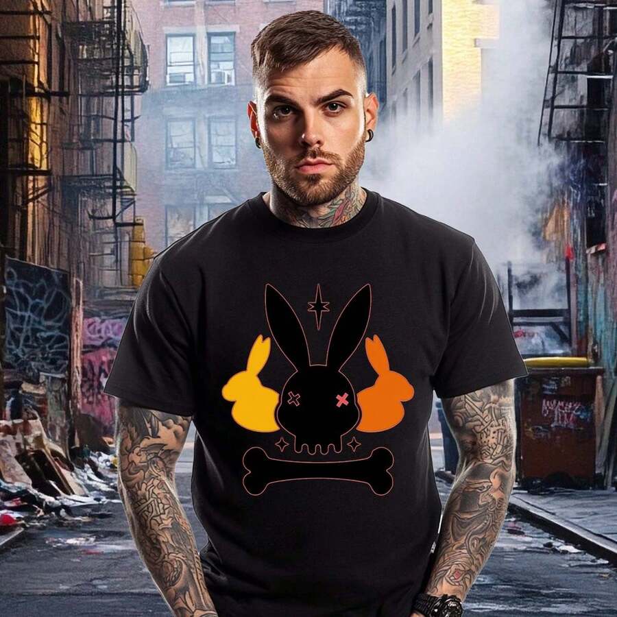 Unisex Cotton T - Shirt Set With Rabbit Skull Pattern, Personalized And Dark Style - Black - View 1