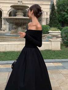 Women's Young Romantic Solid Color Off-The-Shoulder Long Sleeve Ruffle Fashion Elegant Party Dress