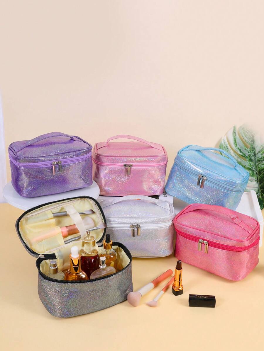 1pc Delicate Star Velvet Octagonal Makeup Bag, Portable Handheld Makeup Bag Large Capacity Cosmetic Storage Bag, Shiny Gold Star Design, Suitable For Women