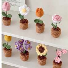 1pc Handmade Crocheted Potted Plant, Tulip/Sunflower/Heart Shaped Flower Desktop Decor, Knit Rose Flower, Forget-Me-Not Potted Plant Gift, Artificial Flowers Desktop Ornament, Party Favor