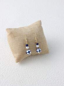 3 Stücke Vintage Keramik Schmuckset, handgefertigtes blau-weißes Porzellan mit Halskette aus Naturstein, Perlenarmband & Ohrringe, geeignet für Damen Alltags- und Festivaloutfits, Frühling/Sommer