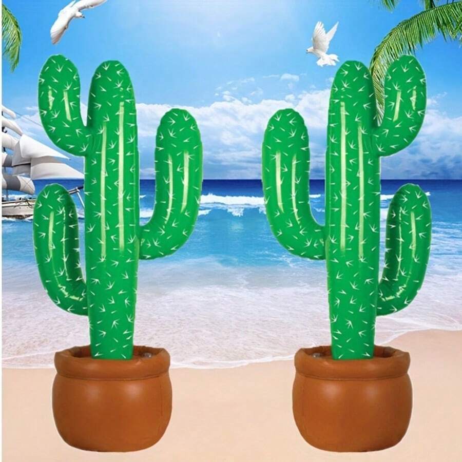 2pcs/Set Large Size 90cm Inflatable Cactus Decoration, For Summer Games, Beach, Pool Party, PVC Material - Green - View 1